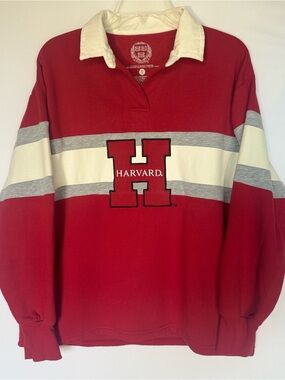Men's S Harvard Red Rugby Sweater with Cream & Gray Stripes